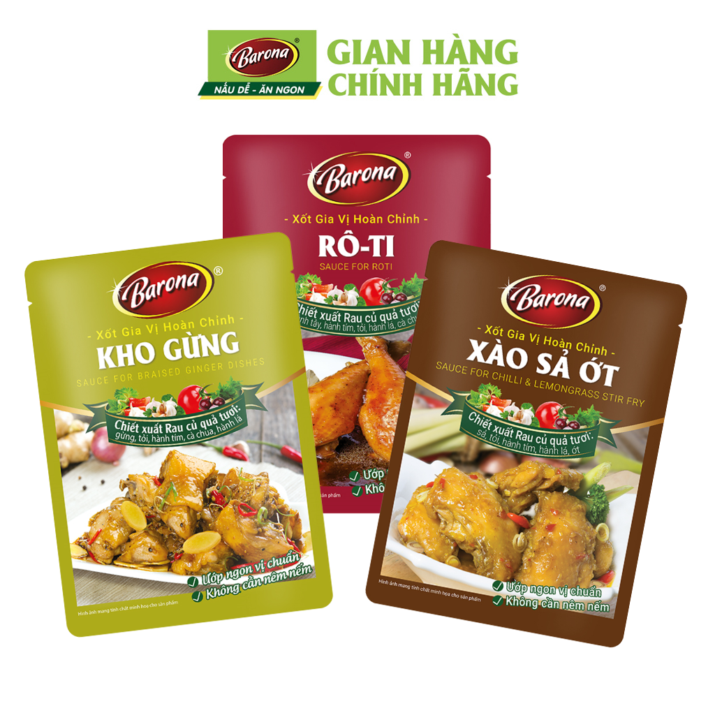 Combo Xốt gia vị hoàn chỉnh Barona: 1 gói Kho gừng (80gr) + 1 gói Xào Sả Ớt (80gr) + 1 gói Rô ti (80gr)