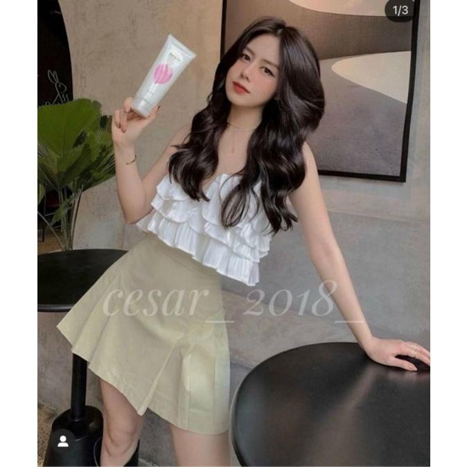 SET CROP TRẮNG 2S BÈO TẦNG + CHÂN VÁY NUDE XẾP LY