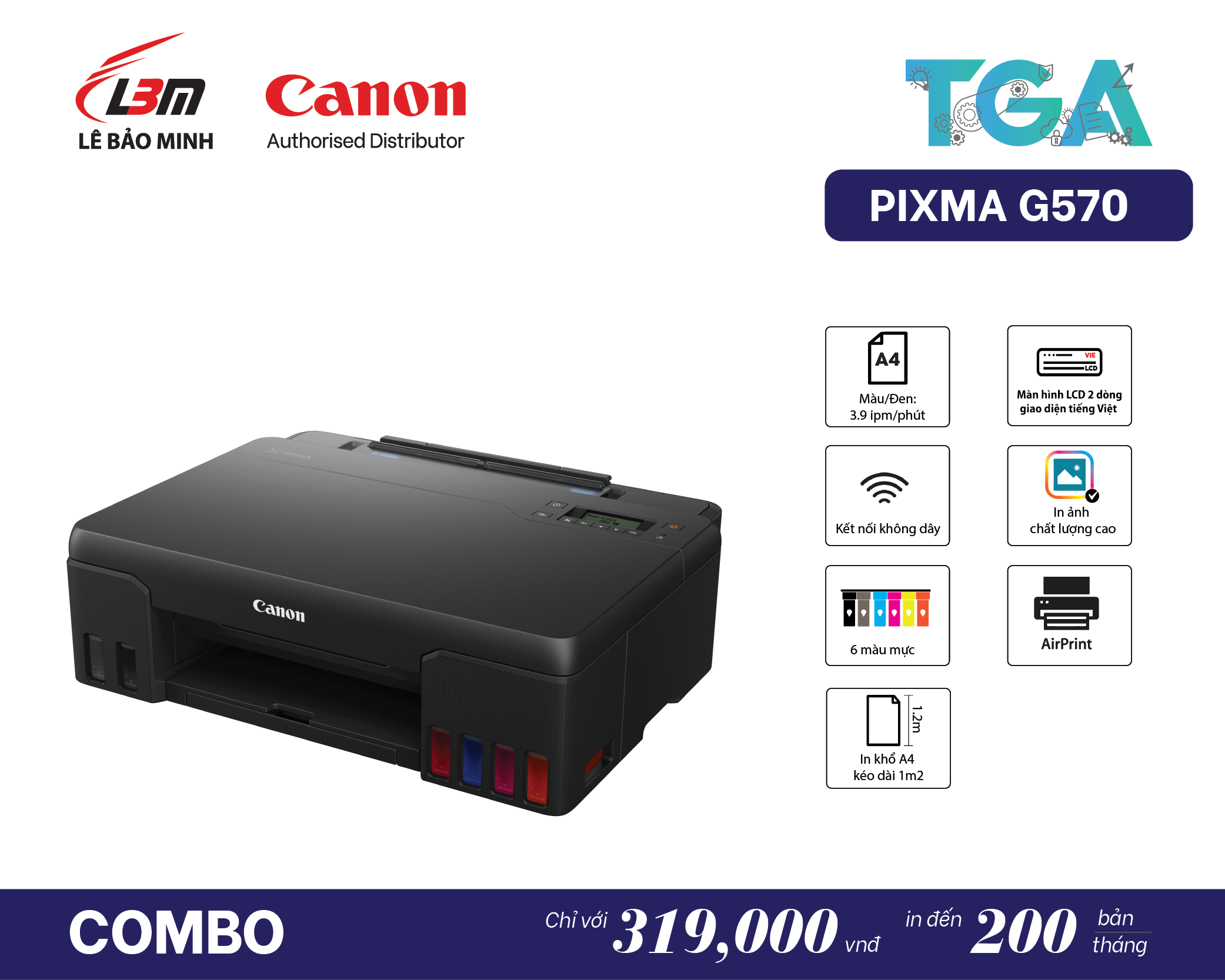 Máy In Phun màu Canon G570 kèm hợp đồng dịch vụ bảo hành trọn gói TGA- Hàng Chính Hãng