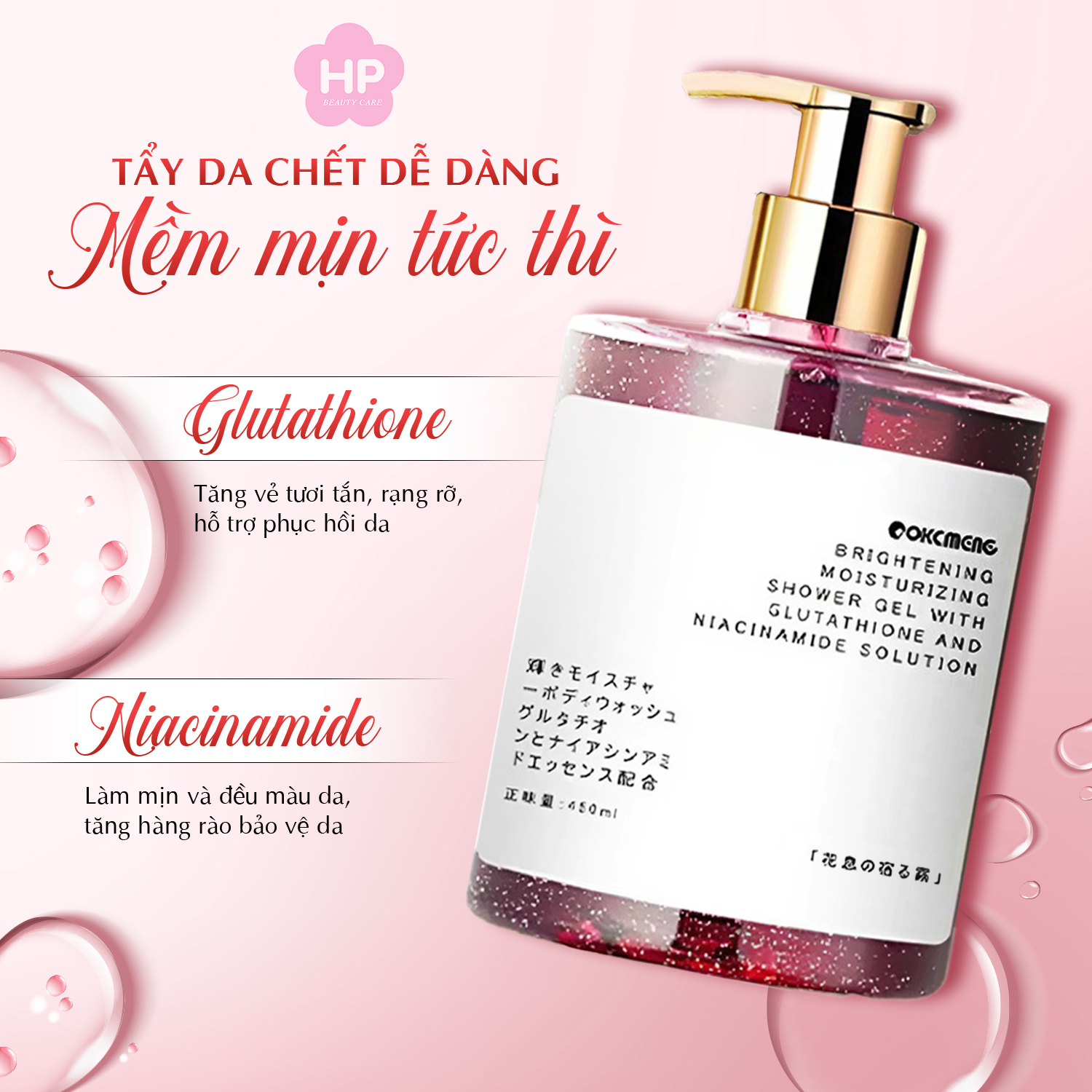 Sữa Tắm Dưỡng Ẩm Làm Sáng Mịn Da ( Màu Đỏ Mận Hương Anh Đào Vang Đỏ ) Okcmeng Brightening Moisturizing Shower Gel With Glutathione And Niacinamide Solution 450mL