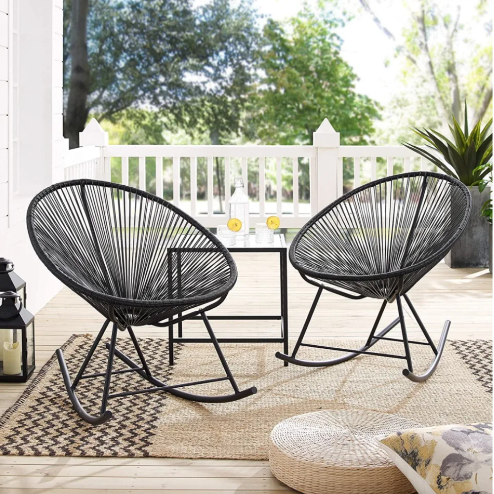 Ghế bập bênh thư giãn dây Vinyl Ghế ngồi ban công ngoài trời dây văng chân thép sơn Relaxing Rocking Chairs