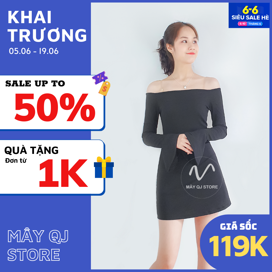 Đầm Body Trễ Vai Nữ Ôm Dáng Chữ A Tay Dài Xòe Chất Vải Thun Gân Mềm Mịn Quyến Rũ Sang Trọng Freesize &lt;58kg