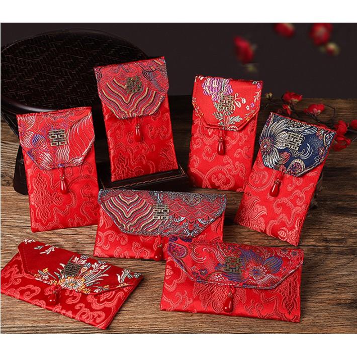 Phong Bì Đỏ Thổ Cẩm thêu Hoa vải gấm Song Hỷ Cưới Hỏi-Nạp tài,Quà tặng năm mới.
