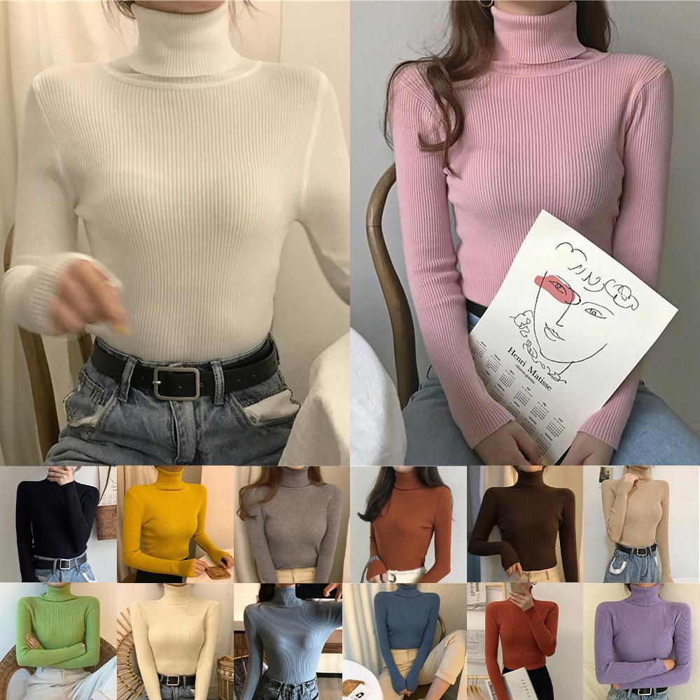 Fashion Women Autumn Winter Knitted Sweater Ribbed Long Sleeve Turtleneck Slim Jumper Soft Warm Pullover Tops