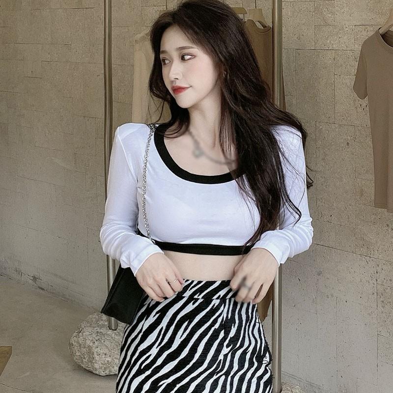 Áo Dệt Kim Tay Dài Cổ Chữ U Phối Màu Tương Phản Quyến Rũ Cho Nữ