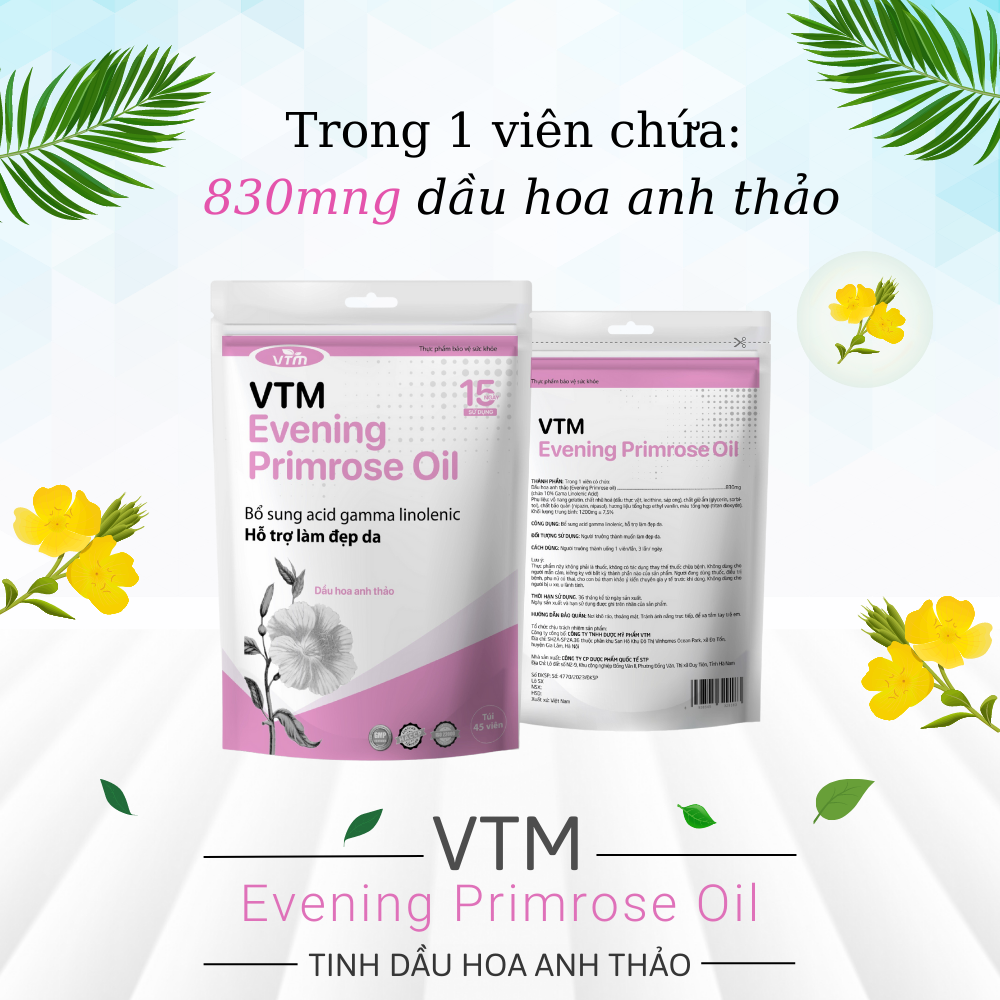 Viên uống tinh dầu hoa anh thảo Evening Primrose Oil VTM, hỗ trợ cân bằng nội tiết tố, làm đẹp da, tóc, móng - 15 ngày