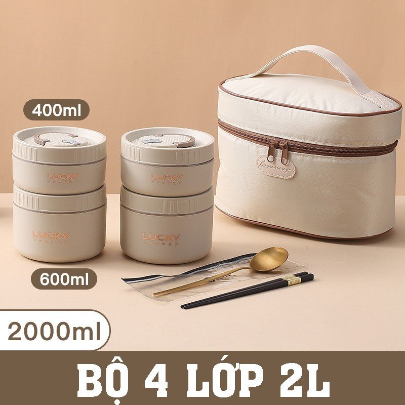 Hộp Đựng Cơm Giữ Nhiệt Lucky INOX 304 - Dung tích 1L - 2L Tặng kèm túi và Bộ dụng cụ ăn