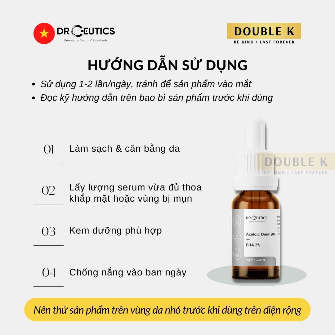 Serum Mụn DrCeutics Azelaic Deriv 20% + BHA 2% - Giảm Mụn, Mờ Thâm Sau Mụn; Ngừa Mụn Tái Phát - Double K