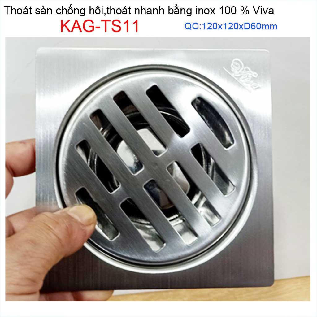 Hố ga thoát sàn inox đúc liền ống 6cm Inox mờ, phễu thoát nước chống hôi D60 vuông 12x12cm KAG-TS11