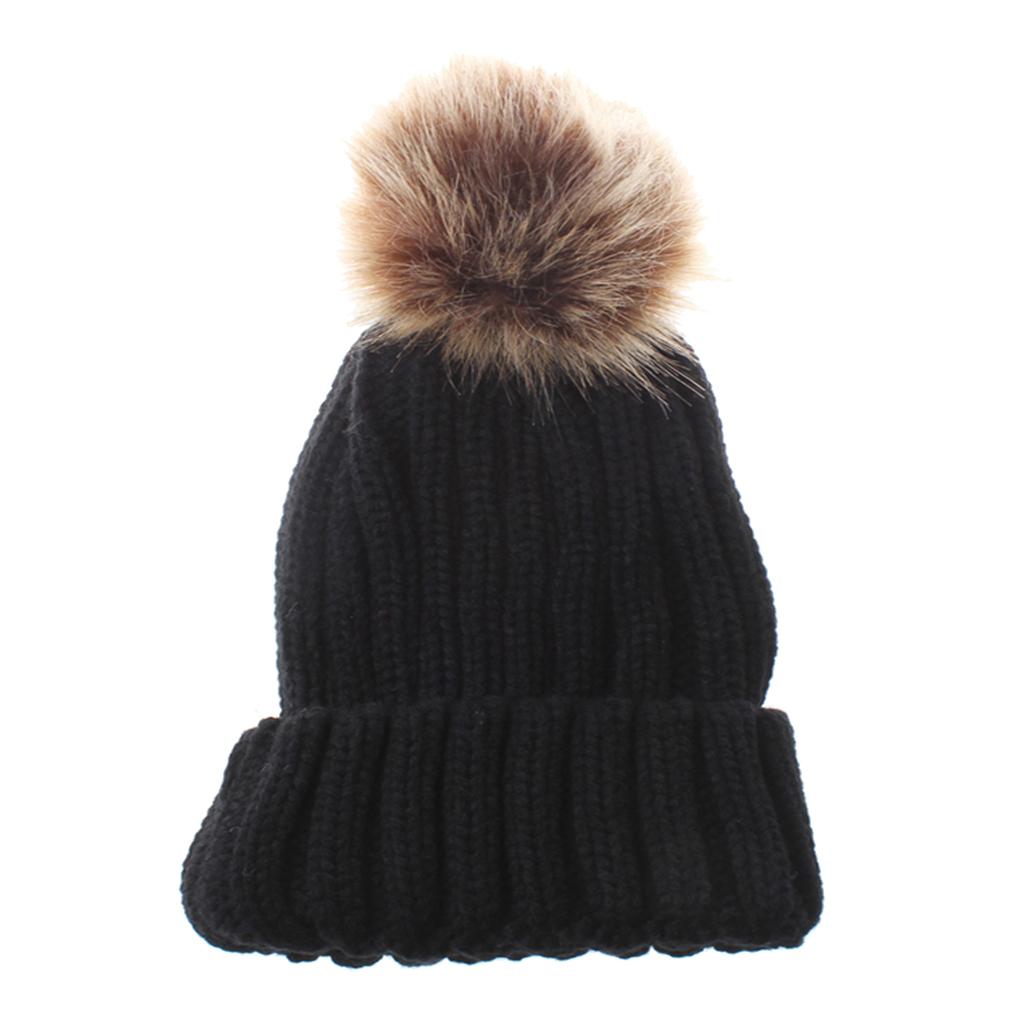 Baby Unisex Winter Warm Faux Double Fur Pom Bobble Knit Beanie Hat Cap