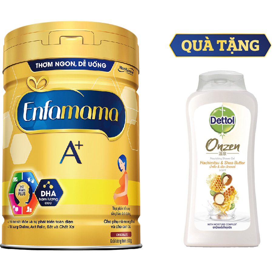 Bộ 1 Lon Sữa Bầu Enfamama 360° Brain Plus Cho Mẹ 830g - Tặng 1 Chai Sữa Tắm Dettol Onzen 200g