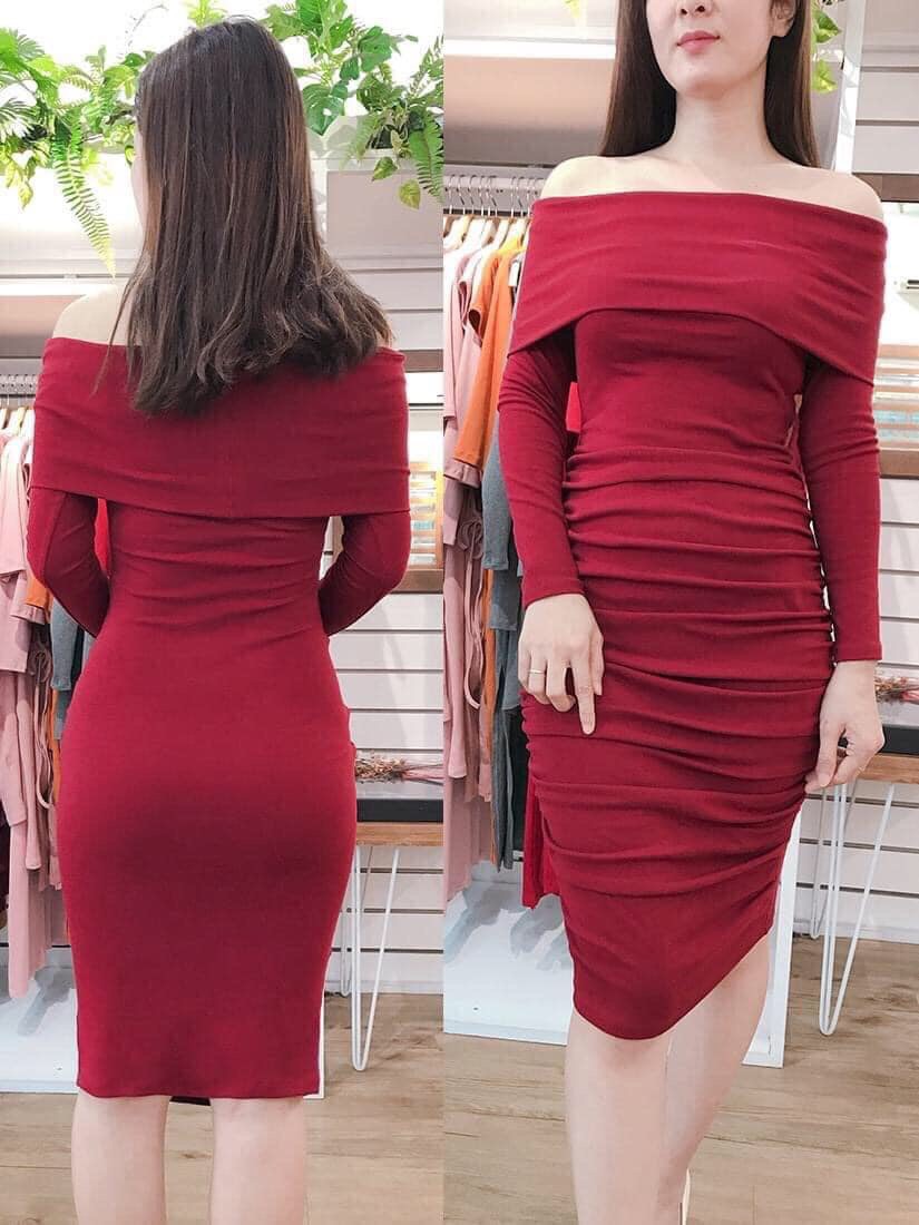 F543 Đầm ôm body bẹt vai tay dài dún 2 sườn