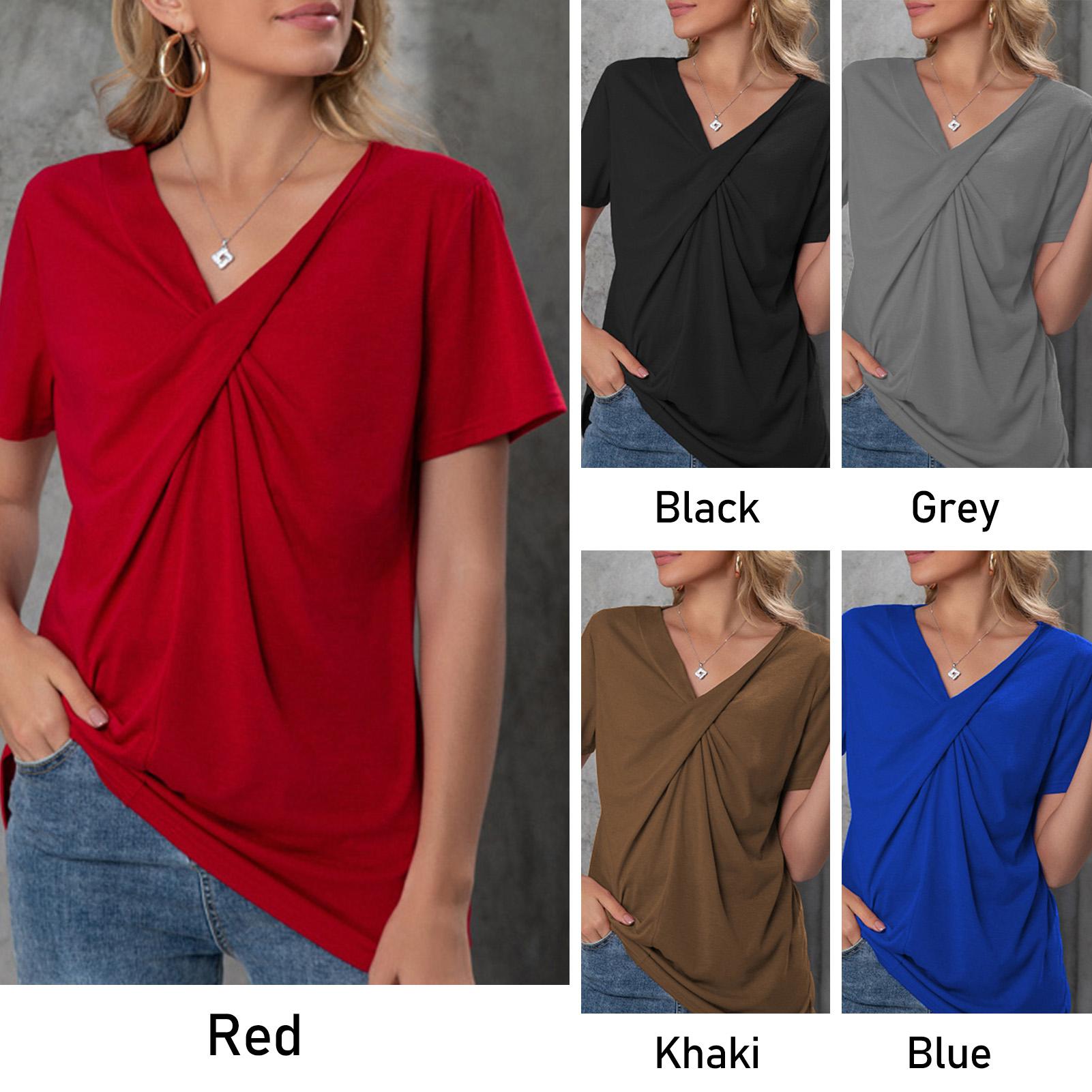 Women T-Shirt Knot Solid Color V-Neck Short Sleeve Tee Tops Casual Summer