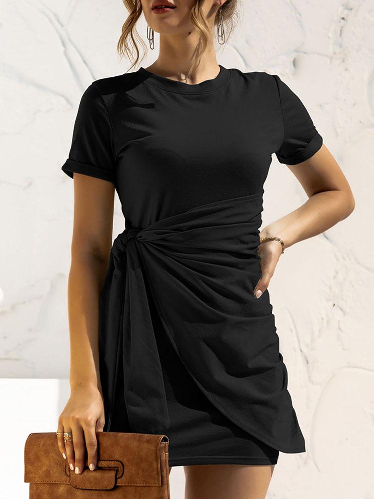 Fashion Women Solid Color Dress O Neck Short Sleeve Bandage Casual Mini Dress