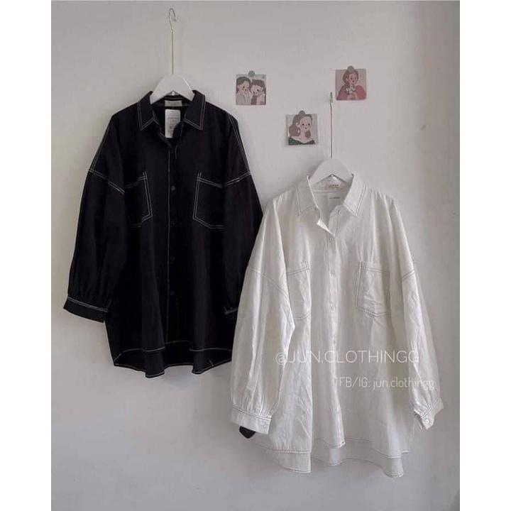 Áo Sơ Mi, Sơ Mi Nữ Fom Thụng OVersz, Chỉ Nổi Đen Trắng