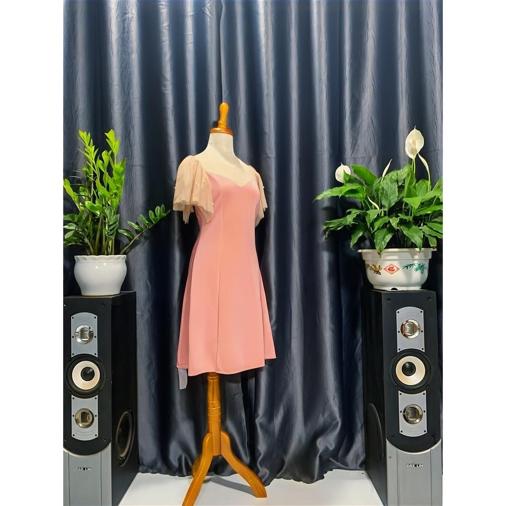 ️ Đầm Nữ Dáng Xòe Đi Tiệc Chất Umi Tay Phối Lưới Free Size 2 Màu Hồng Đỏ ️