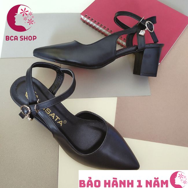 Giày sandal nữ cao gót 6p RO360 thời trang cao cấp ROSATA tại BCASHOP mũi nhọn, quai sau, kèm hạt kim cương nhân tạo, màu đen