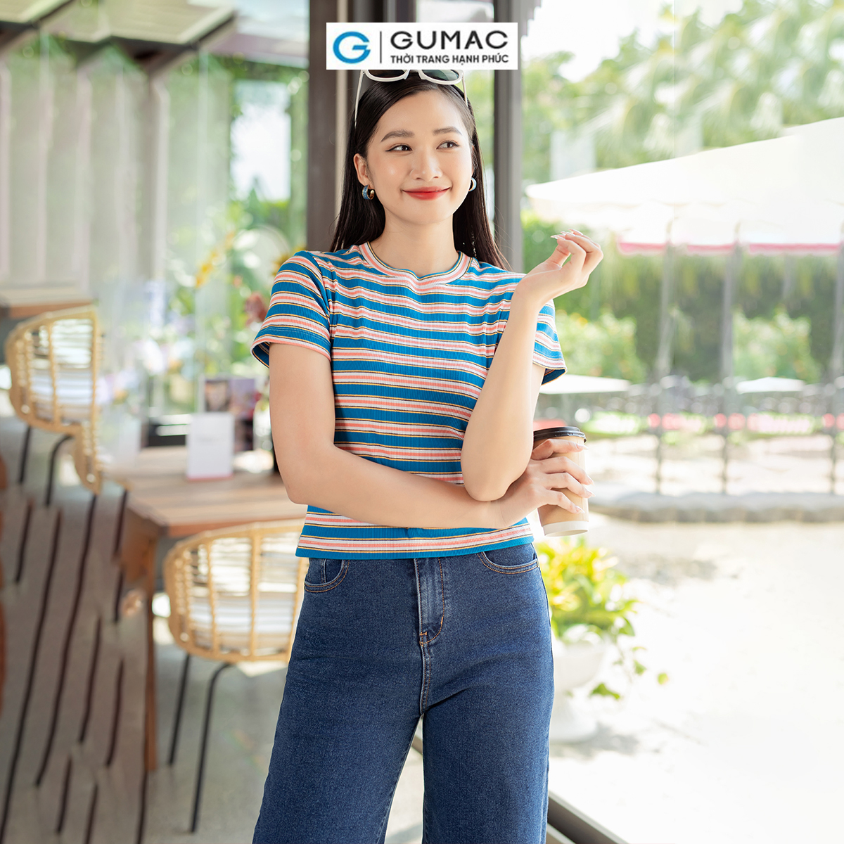 Áo thun nữ gân sọc cổ tròn tay ngắn trẻ trung năng động thời trang GUMAC ATD07070