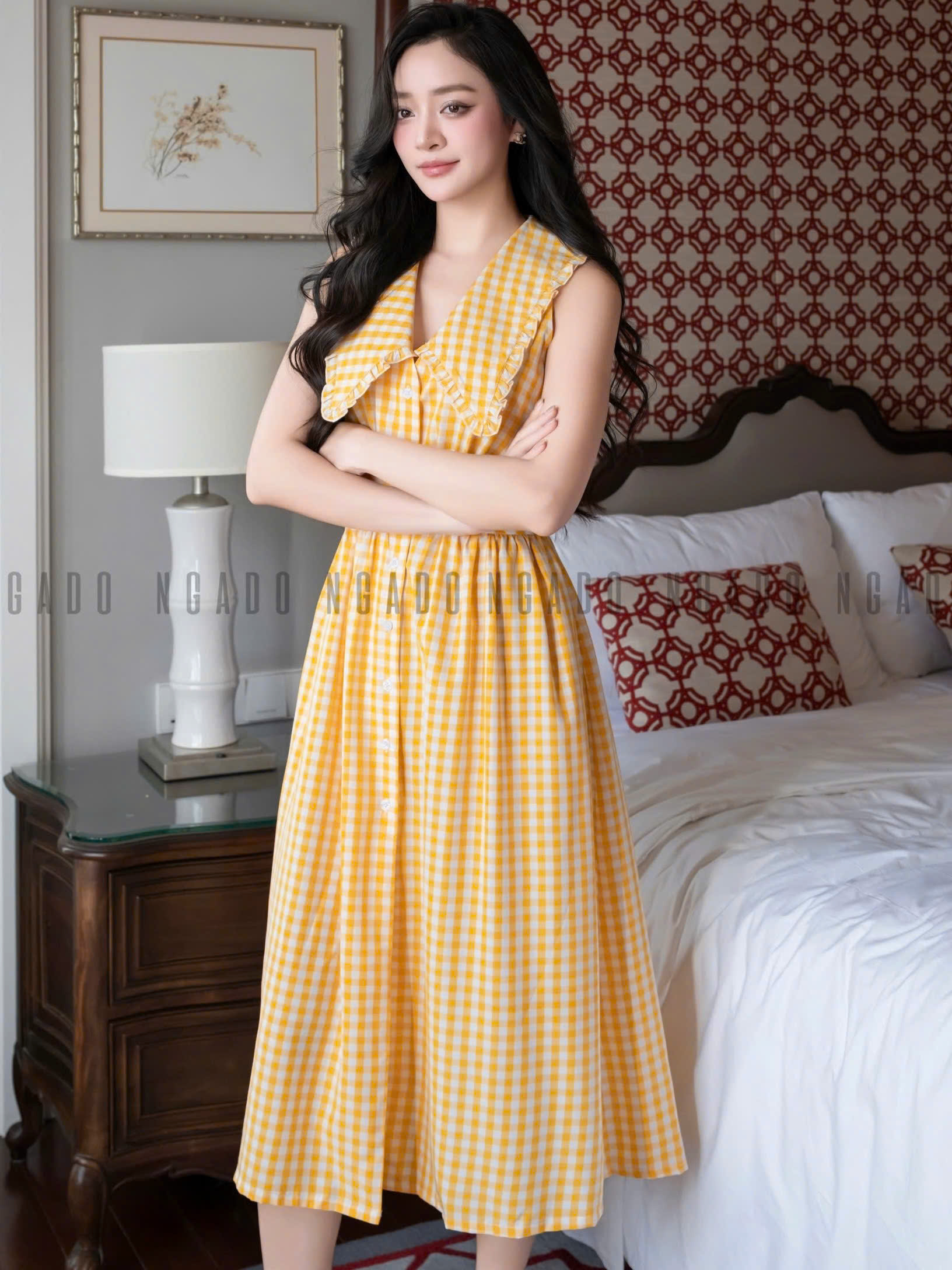 Đầm caro vàng sát nách NGADO , đầm kẻ caro , đầm sơ mi