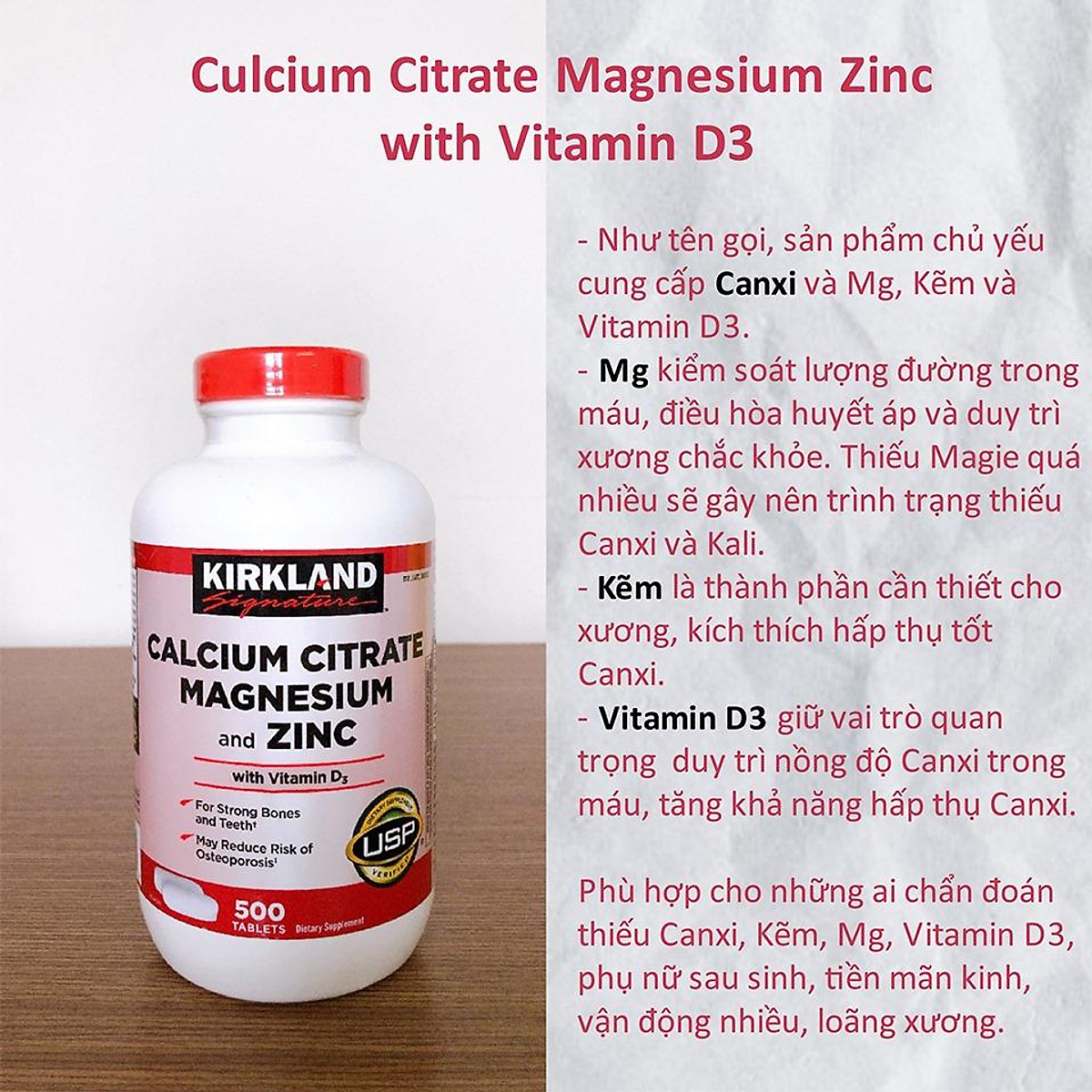 Canxi cho người lớn Kirkland Calcium thêm: Mange, Kẽm, Vitamin B6, D, B6 giúp giảm đau nhức xương khớp, phòng loãng xương, ngủ ngon - Massel Official