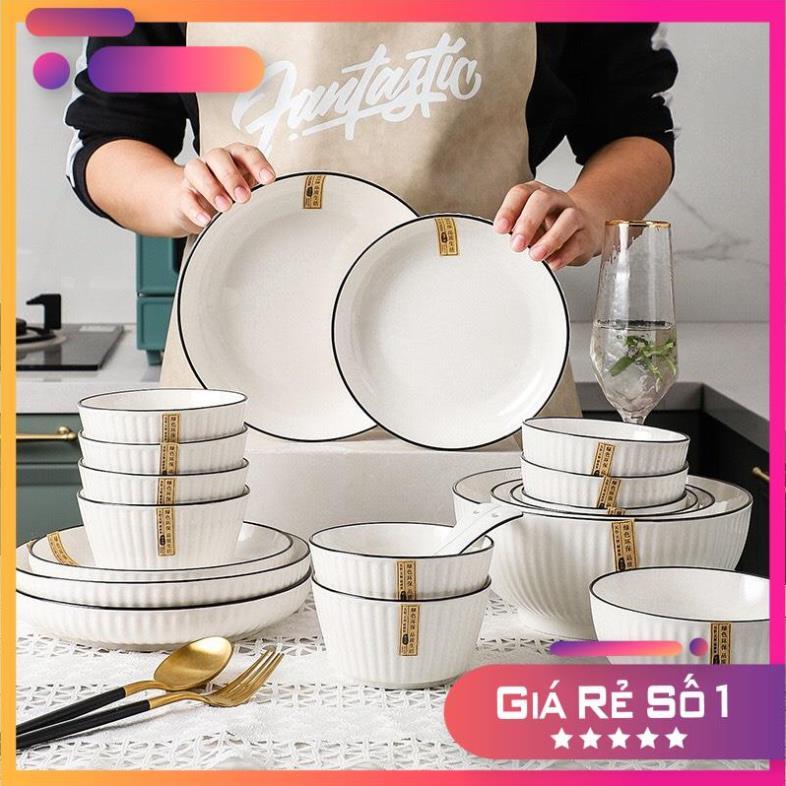 Bộ bát đĩa đẹp sang trọng màu trắng viền phong cách Phương Đông hiện đại BT-34 chi tiết