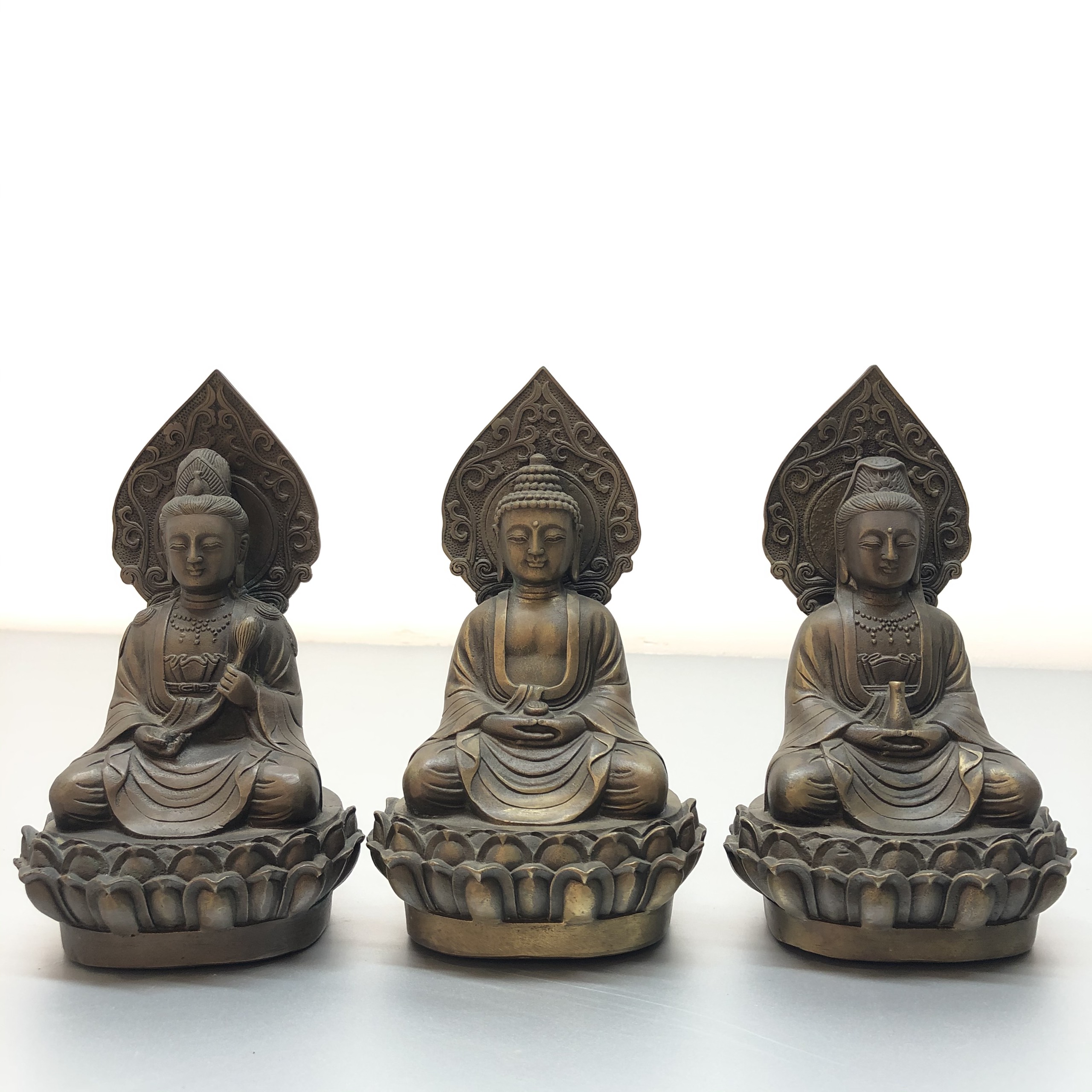Tượng TÂY PHƯƠNG TAM THÁNH BẰNG ĐỒNG HUN CỔ cao 18cm TM121105