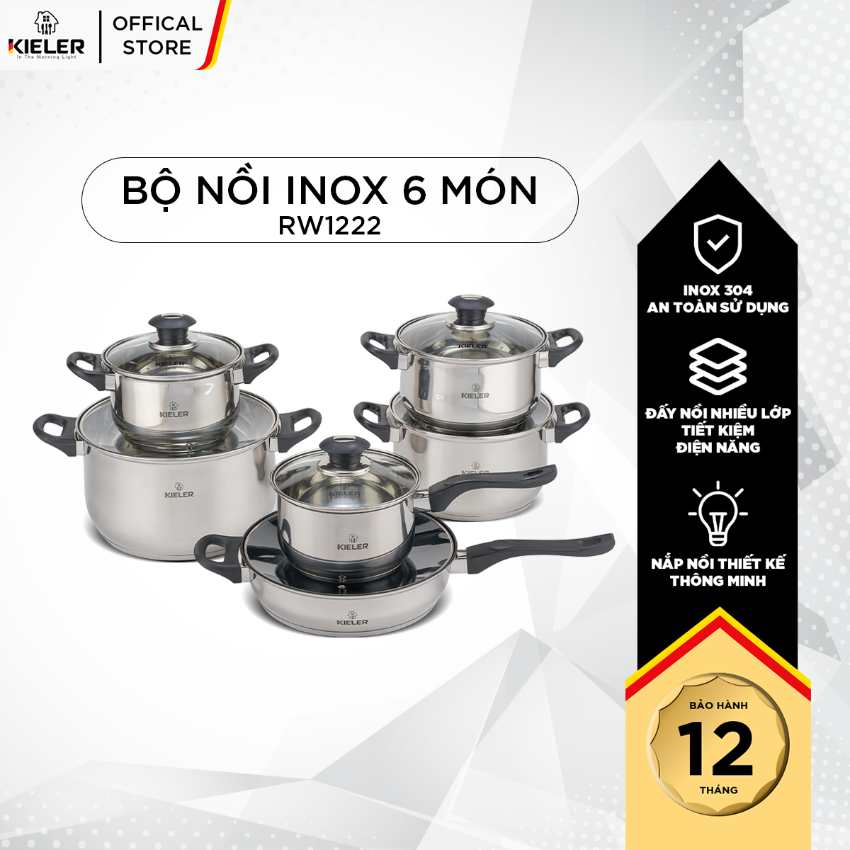 Bộ nồi chảo inox 6 món cao cấp Kieler RW1222 nấu nhanh, tiết kiệm điện (Gồm 4 nồi và 2 chảo)