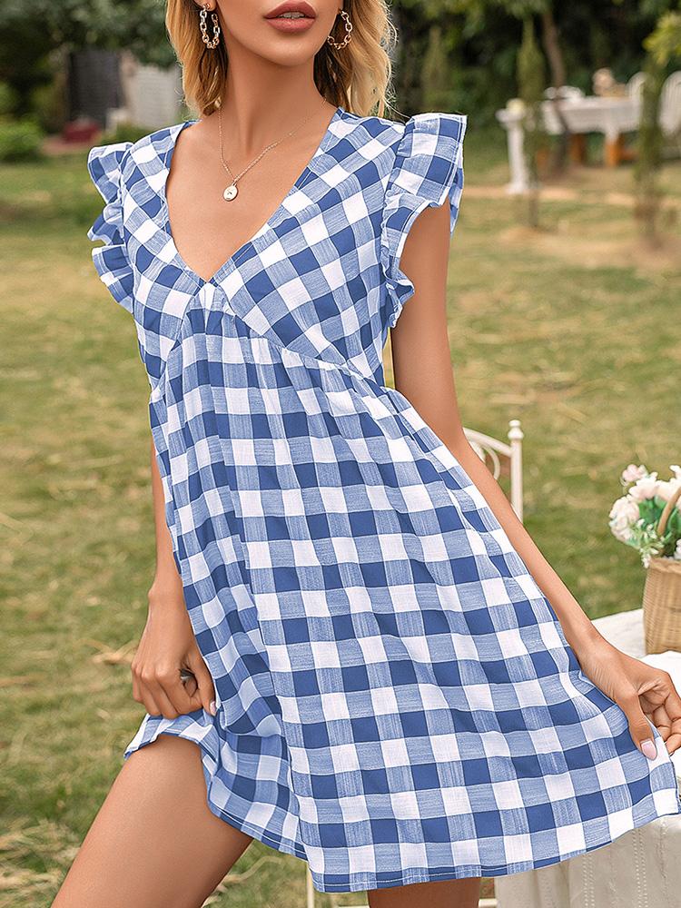 Women Plaid Mini Dress Deep V Neck Ruffles Sleeveless High Waist A-Line Holiday Casual Dress