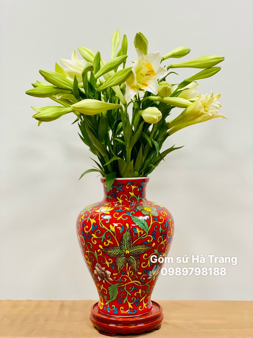 Lọ hoa gốm sứ Bát Tràng cao cấp vẽ tay xuất dư hoạ tiết cao 33cm