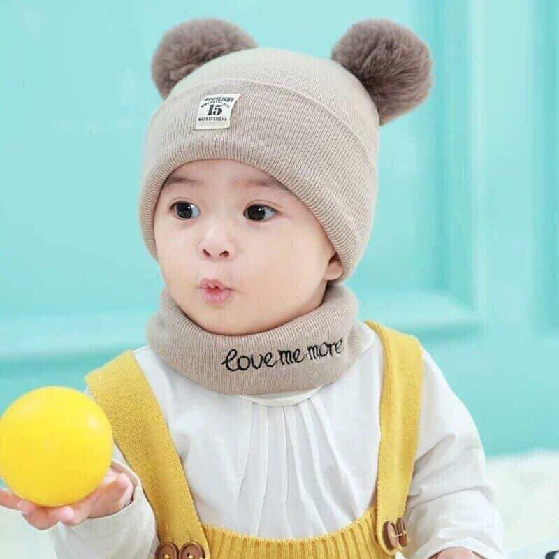 Mũ len hai quả bông kèm khăn ống