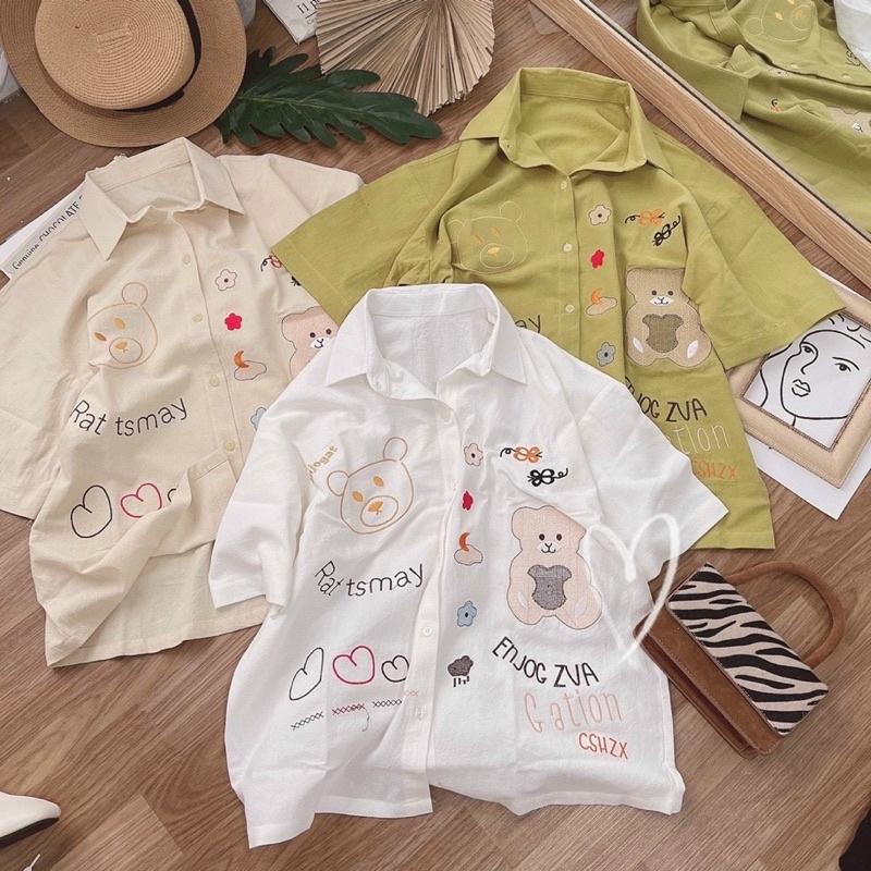 Áo sơ mi tay ngắn thêu gấu