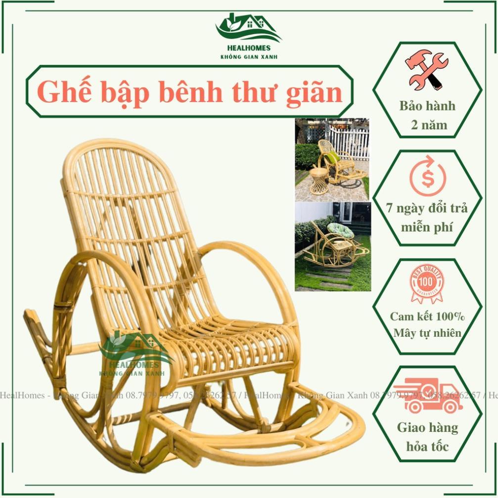 Ghế mây thư giãn bập bênh ngoài trời kèm nệm vải bố chuẩn kích thước dùng cho người lớn đọc sách, xem tivi / HealHomes