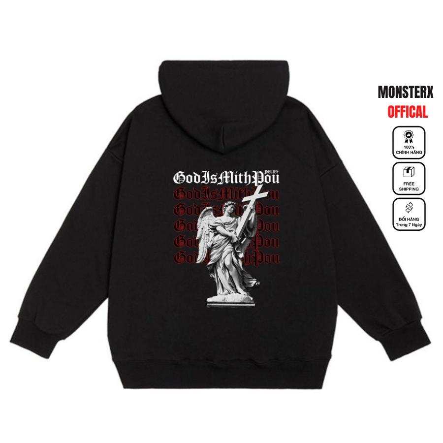 Áo mũ Hoodie Unisex MonsterX Chúa Thánh Giá form rộng 3 màu nỉ bông cặp đôi nam nữ Oversize Ulzzang thu đông