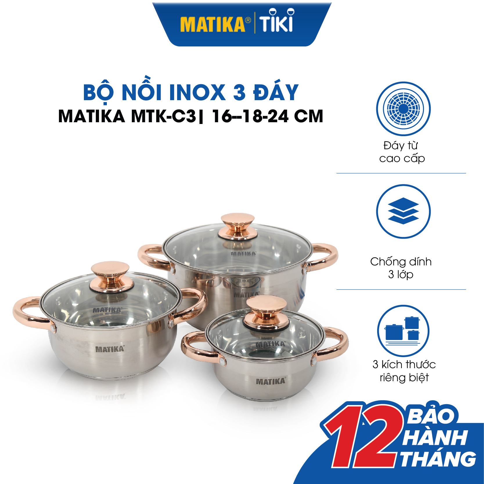 Bộ Nồi Inox 3 Đáy MATIKA MTK-C3 16, 20, 24 cm, Hàng Chính Hãng