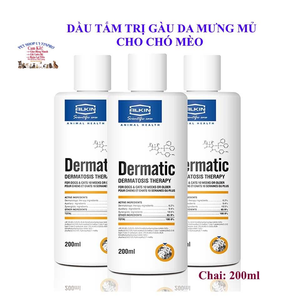 DẦU TẮM TRỊ GÀU DA MƯNG MỦ CHO CHÓ MÈO THÚ CƯNG Alkinlab Dermatic Chai 200ml Xuất xứ Anh Quốc