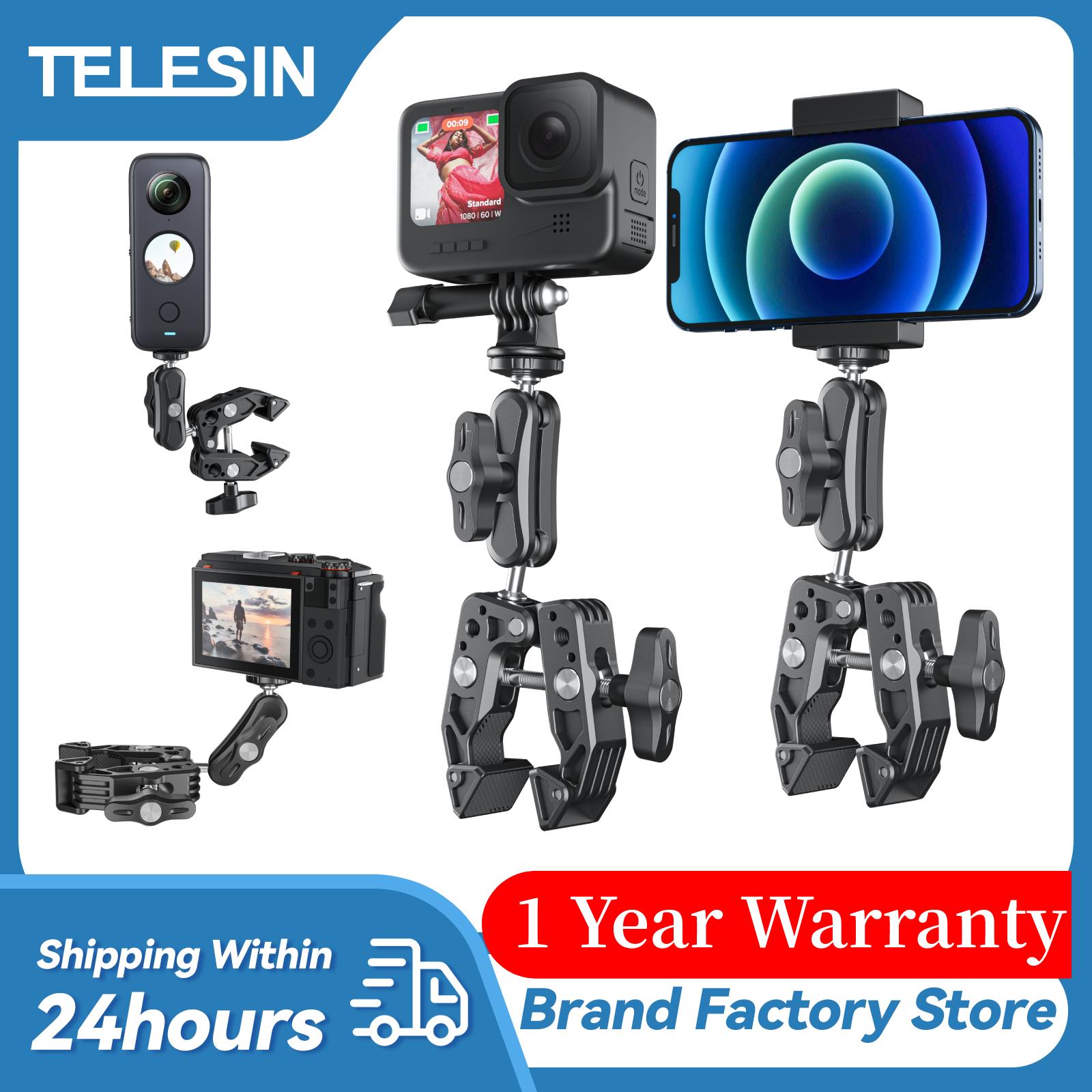Kim kẹp siêu nhôm của Telesin với cánh tay ma thuật gấp đôi 360 ° cho GoPro Insta 360 x3 DJI Aciton 3 Camera hành động điện thoại di động