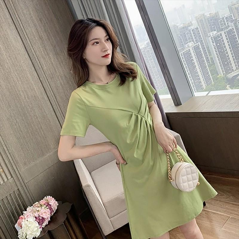 Đầm cổ tròn màu trơn thiết kế thanh lịch