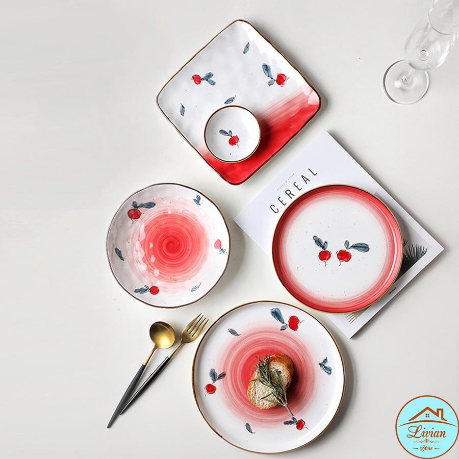 Đĩa sứ, đĩa decor bàn ăn họa tiết củ cải đỏ nhiều kích thước