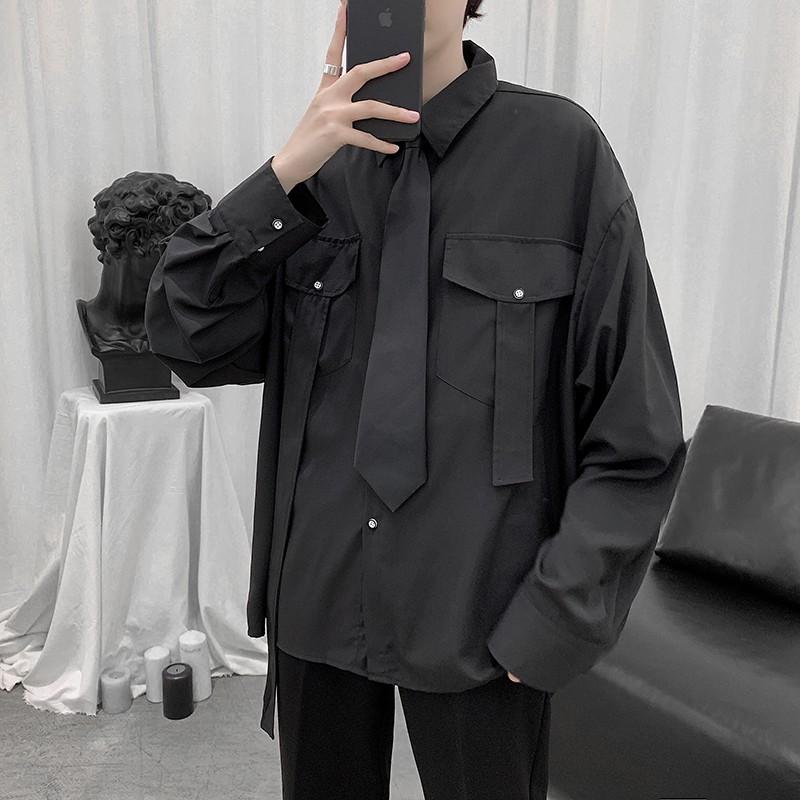 Áo sơ mi dáng rộng tay dài phối 2 túi phong cách hip hop cho nam