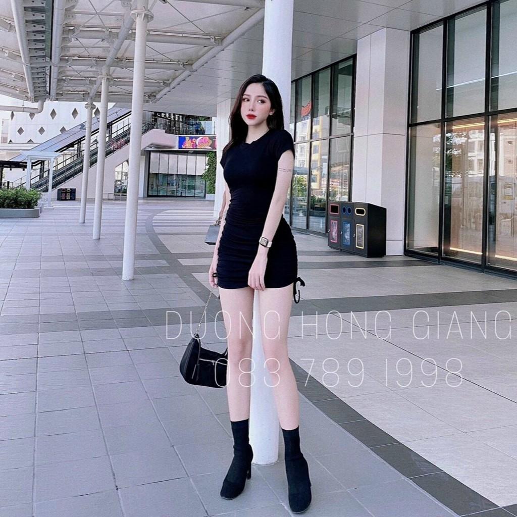 Đầm body nhún sườn dây cột nơ cổ tròn siêu hot