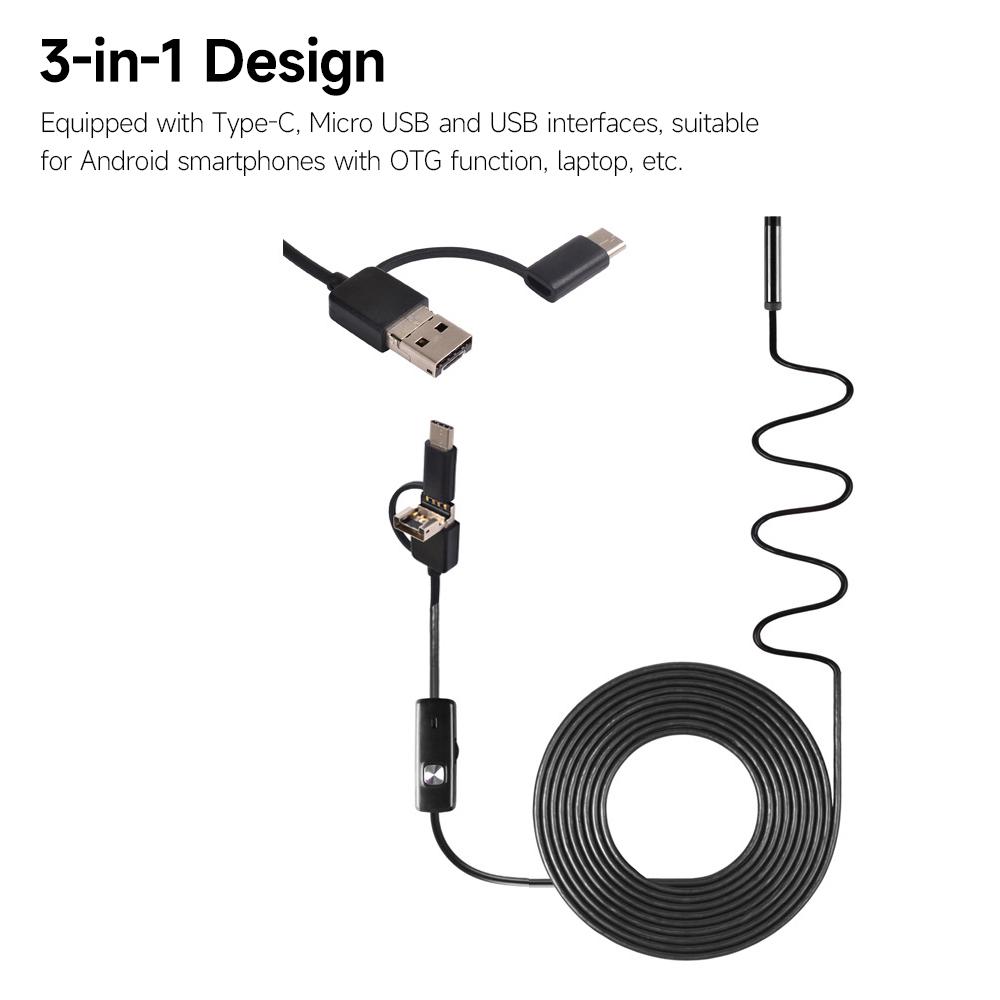 Dụng Cụ Nội Soi Điện Thoại Di Động 3 Trong 1 Type-C + Micro Usb + Usb Đèn Led 8Mm Máy Ảnh 1280 * 720 Độ Phân Giải Ip67 Chống Nước