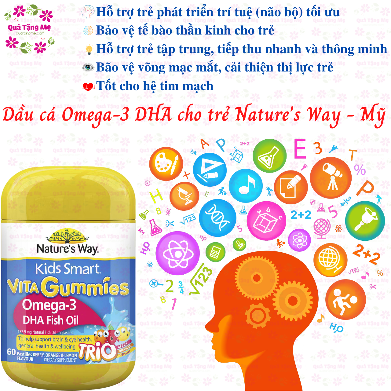 Dầu cá Omega-3 DHA cho trẻ Vita Gummies Nature's Way Mỹ hỗ trợ phát triển não bộ, bảo vệ thần kinh và thị giác của trẻ - QuaTangMe Extaste