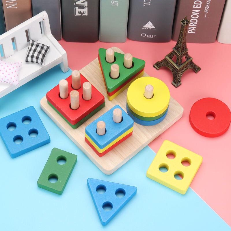 Combo 2 Bảng Giáo Cụ Montessori, Đồ Chơi Gỗ Chuỗi Thả Hình Phân Biệt Hình Khối và Màu Sắc