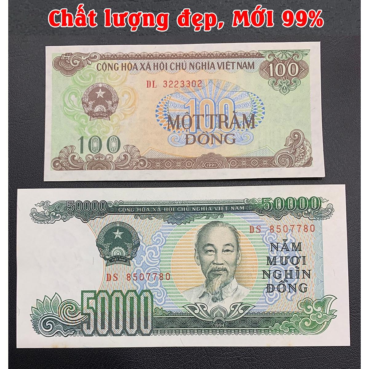 (2 tờ) 100 đồng 1991 và 50 Nghìn xanh lá 1994 giấy cotton ngày xưa [MỚI 99%] sưu tầm, sưu tầm