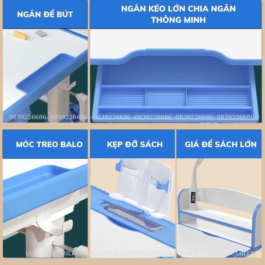 Bàn học có giá sách cho bé Lumili R9 Premium chống gù chống cận, bàn học kèm kệ sách cho bé, phù hợp cho học sinh