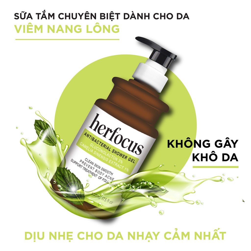 Sữa tắm viêm nang lông HERFOCUS 3% Gluconolactone 500ml