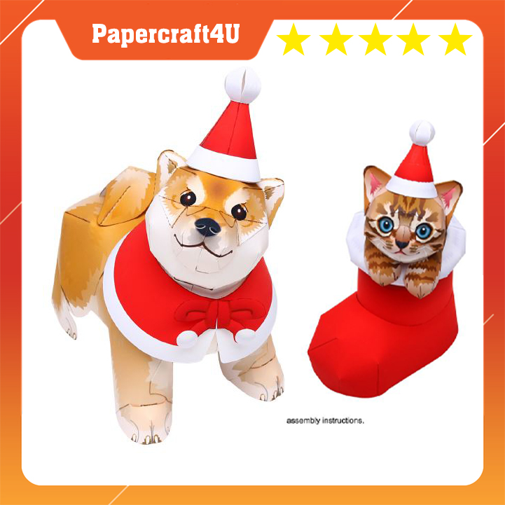 Mô hình giấy 3D Lễ hội Giáng Sinh Noel Merry Christmas - Siba Inu and Boots Cat