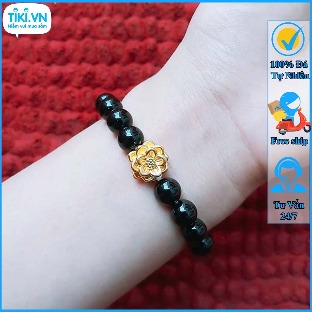 Vòng tay phong thủy nam nữ - Vòng đá mã não đen hoa sen vàng - Vòng phong thủy cho người mệnh mộc thủy