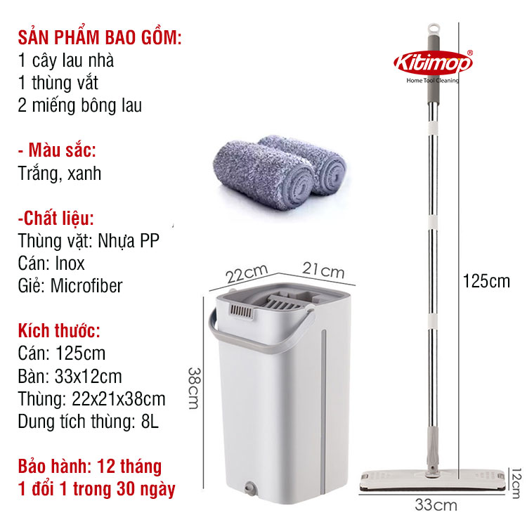 Bộ lau nhà tự vắt thông minh, chổi lau nhà 360 độ, 2 miếng lau Kitimop-C6