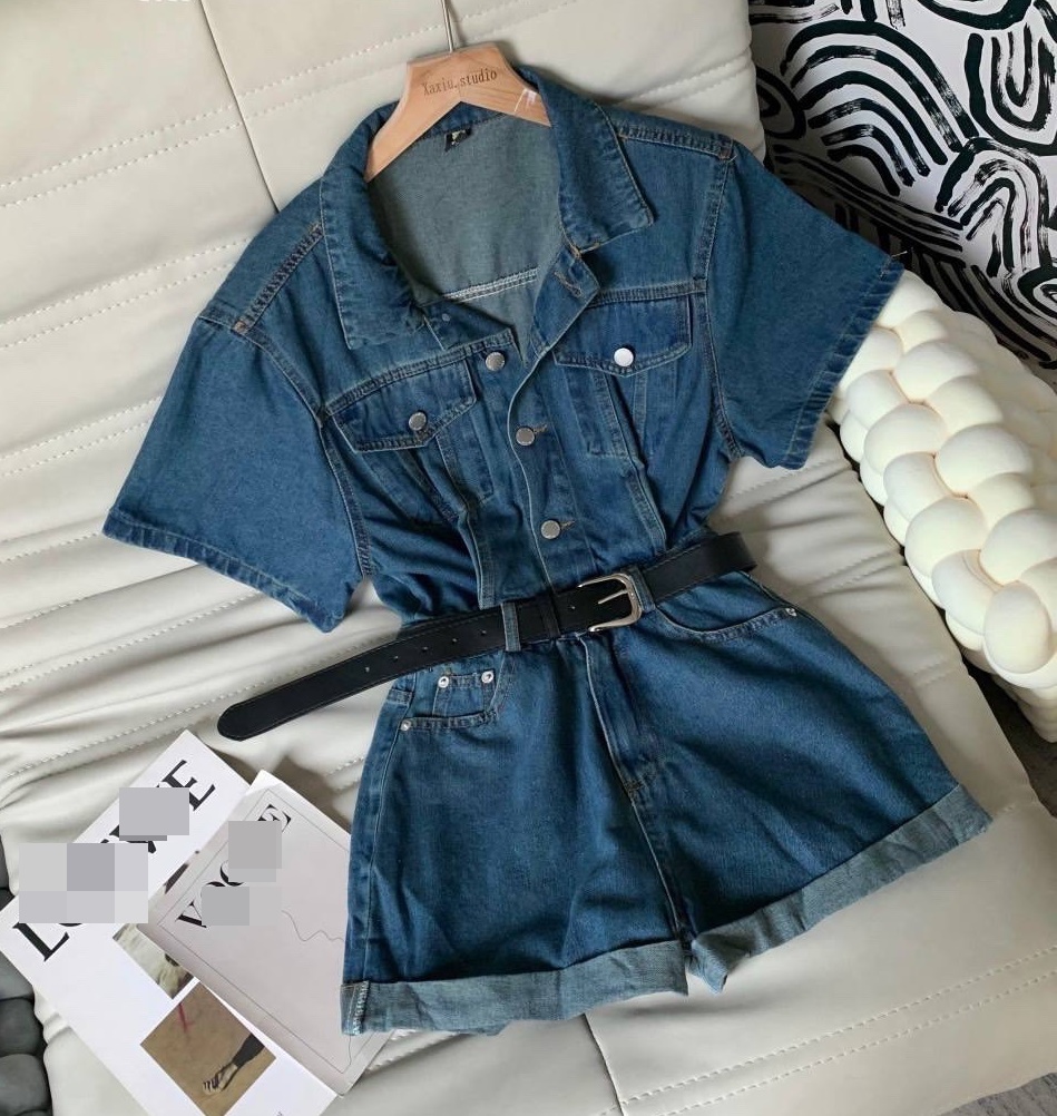 JUMPSUIT NGẮN ĐỒ BAY QUẦN ỐNG RỘNG SUÔNG TRƠN CỔ SƠ MI JEANS PLAYSUITS DENIM BO EO ĐI CHƠI ĐI PHƯỢT DẠO PHỐ  ĐI BIỂN